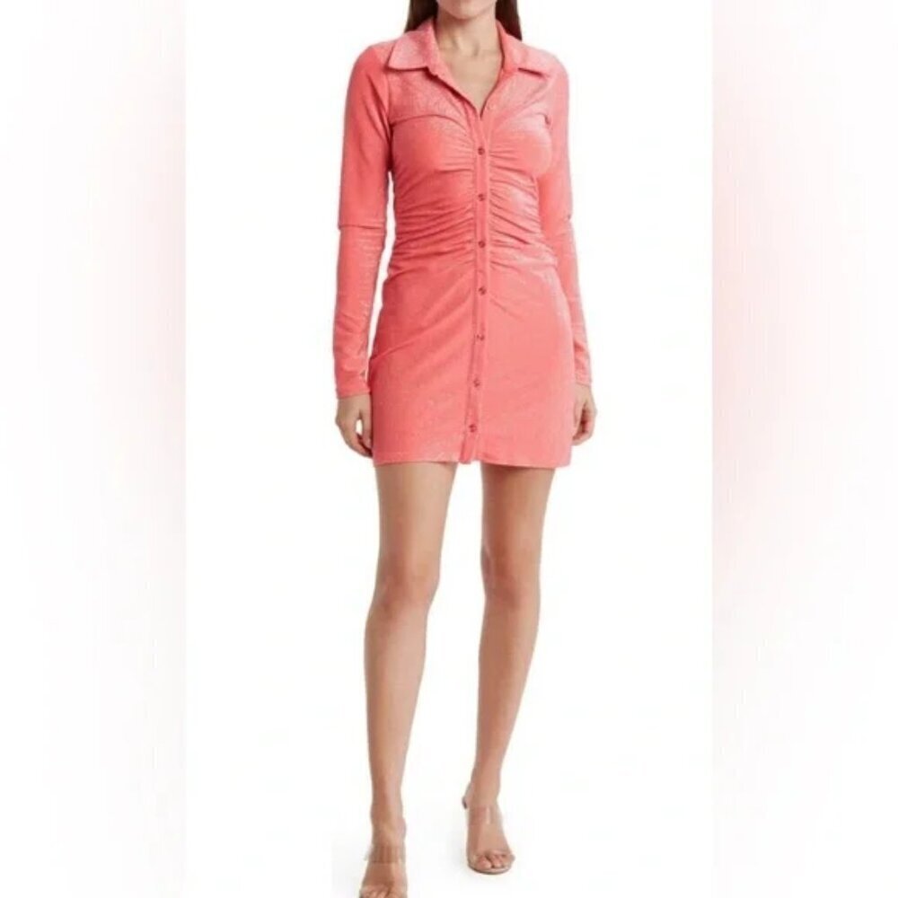 Good American Long Sleeve Button Dress Size 8 (5XL) Ruched Coral Sparkle NWT